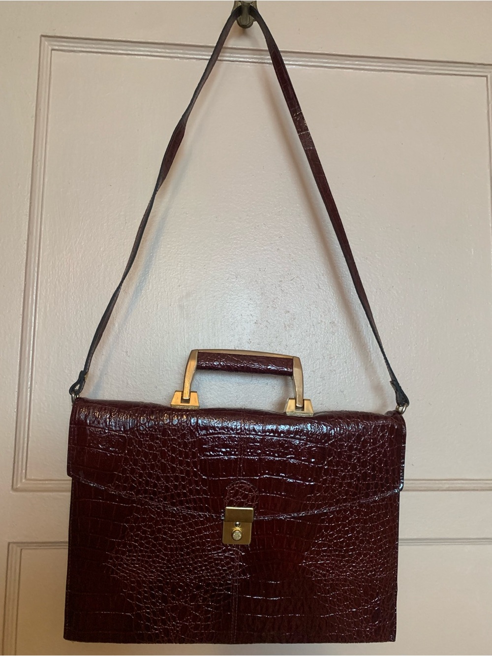 Classic Croc-Embossed Burgundy Top-Handle Shoulder Bag